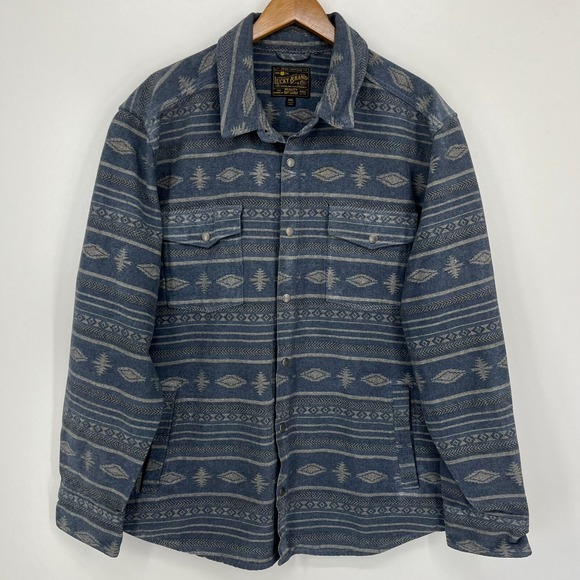 Lucky Brand Flannel Shirt Jacket Men's 2XL Blue Aztec Southwestern Button Snap - Picture 1 of 9
